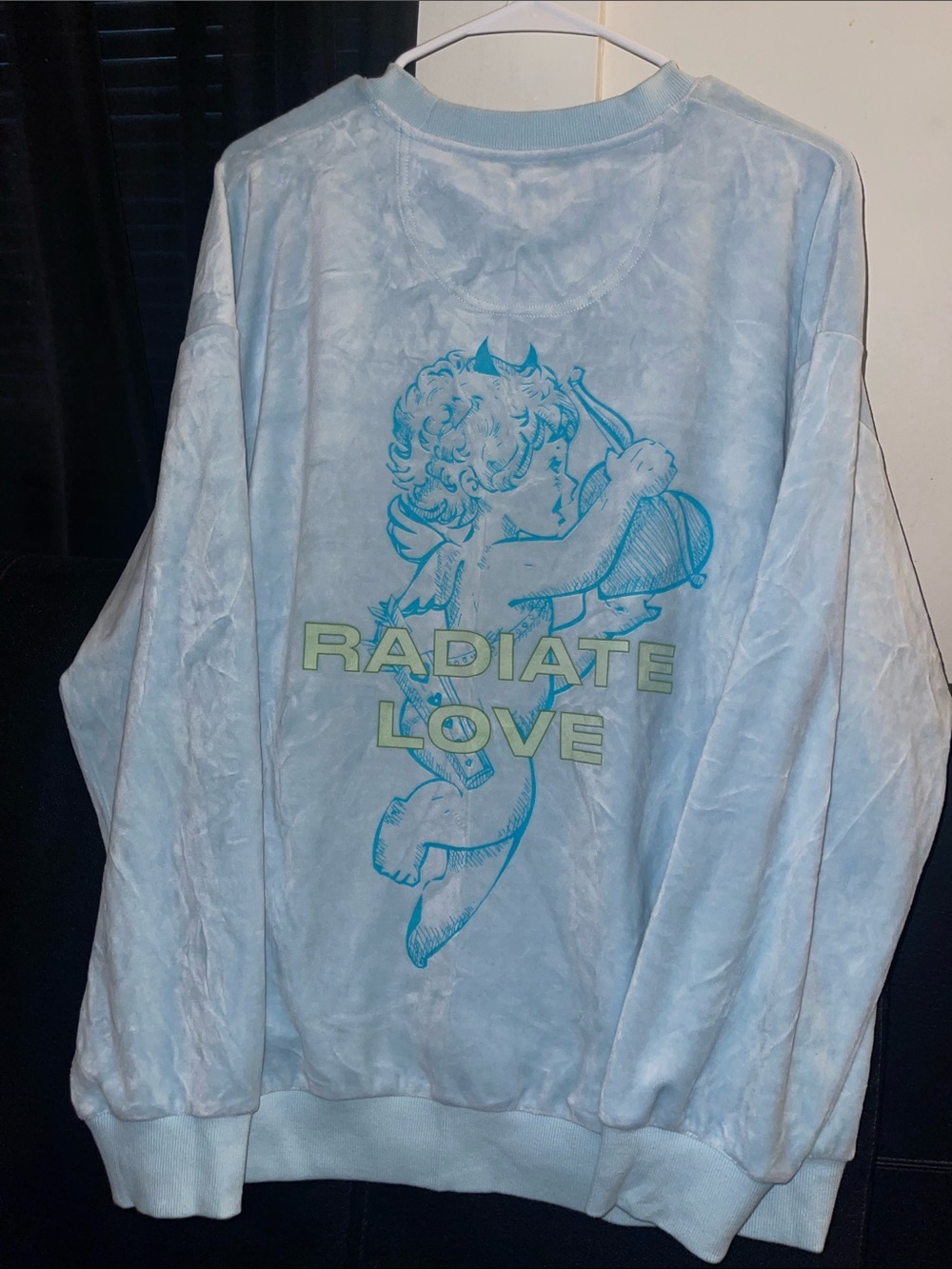 Boys Lie Men’s Powder Blue Velour SS w/Angel Graphic Radiate Love OSO NWOT